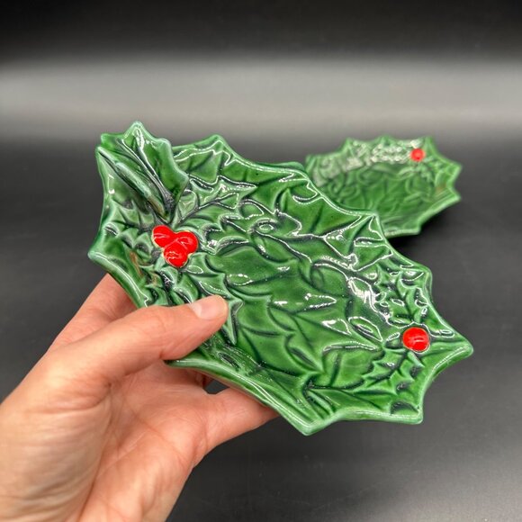 Vintage Trinket Dishes Ashtrays Lefton Holly Berry 1970s Christmas Decor Green - Picture 7 of 9